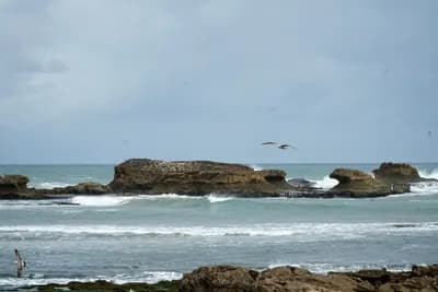 Promeneurs sur la plage d’Essaouira, vent et écume
